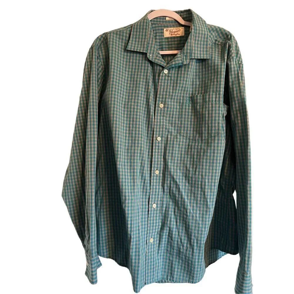 Penguin Mens Blue & Cream Gingham Button Up Long Sleeve Shirt Size XXL